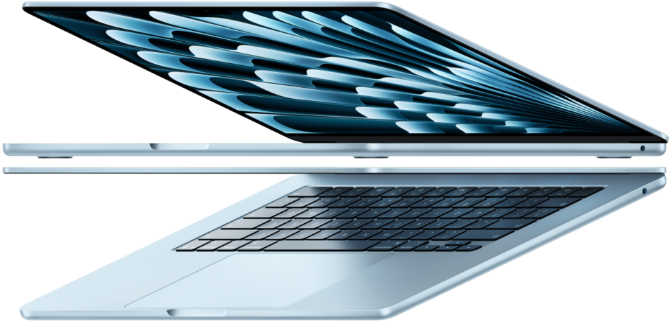 Two open MacBook Air laptops in sky blue colour forming an arrow shape, emphasizing a narrow profile