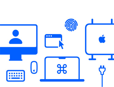 Apple devices en features, oplaadkabel, Mac-laptop en -desktop, toetsenbord, muis, display, macOS-venster, Touch ID