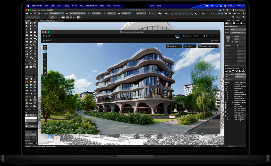 MacBook Pron näytöllä Vectorworks Design Suite ja Maxon Redshift