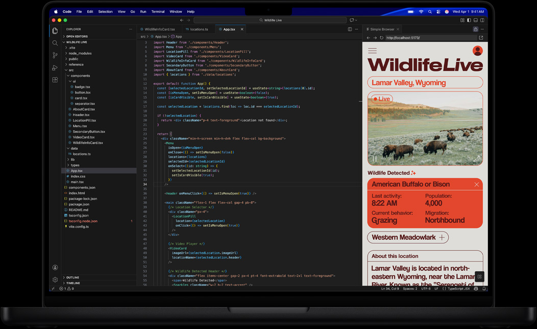 MacBook Pron näytöllä esillä apin koodia Visual Studio Codessa