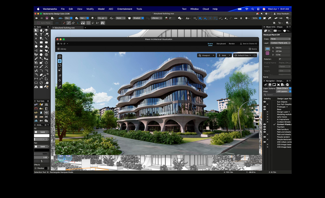MacBook Pron näytöllä Vectorworks Design Suite ja Maxon Redshift