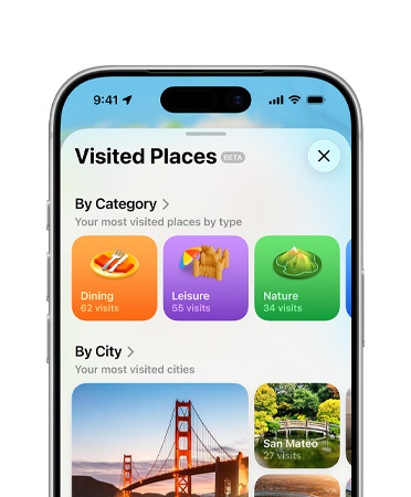 La mitad superior de la pantalla de un iPhone muestra la funcionalidad lugares visitados en la app Mapas, incluidas las opciones Categorías y Ciudades