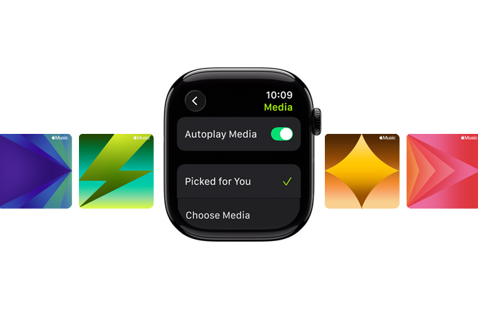 Au centre, une Apple Watch noir de jais sans bracelet, dont le cadran affiche les options Sélectionné pour vous et Choisir du contenu multimédia, avec des fonds d’écran Apple Music personnalisés