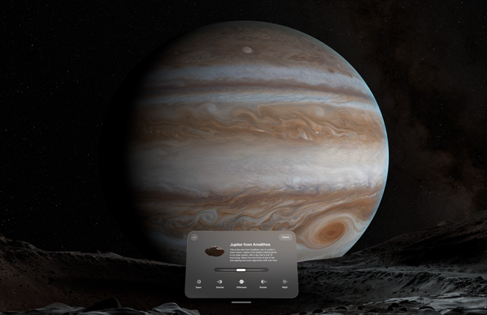 부분적으로 어둠이 드리운 Apple Vision Pro의 목성 환경