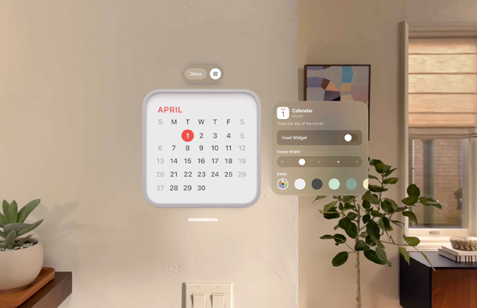 Calendar widget reading 1st April floats on wall, reminder widget floats above, to right, float personalisation options to change frame’s thickness and colour
