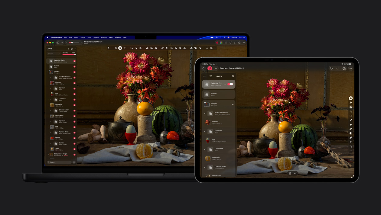 16 Zoll MacBook Pro Bildschirm und 13 Zoll iPad Pro Display, Pixelmator Pro, Stillleben mit Blumen und Lebensmitteln, Ebenen Tools auf der linken Seite