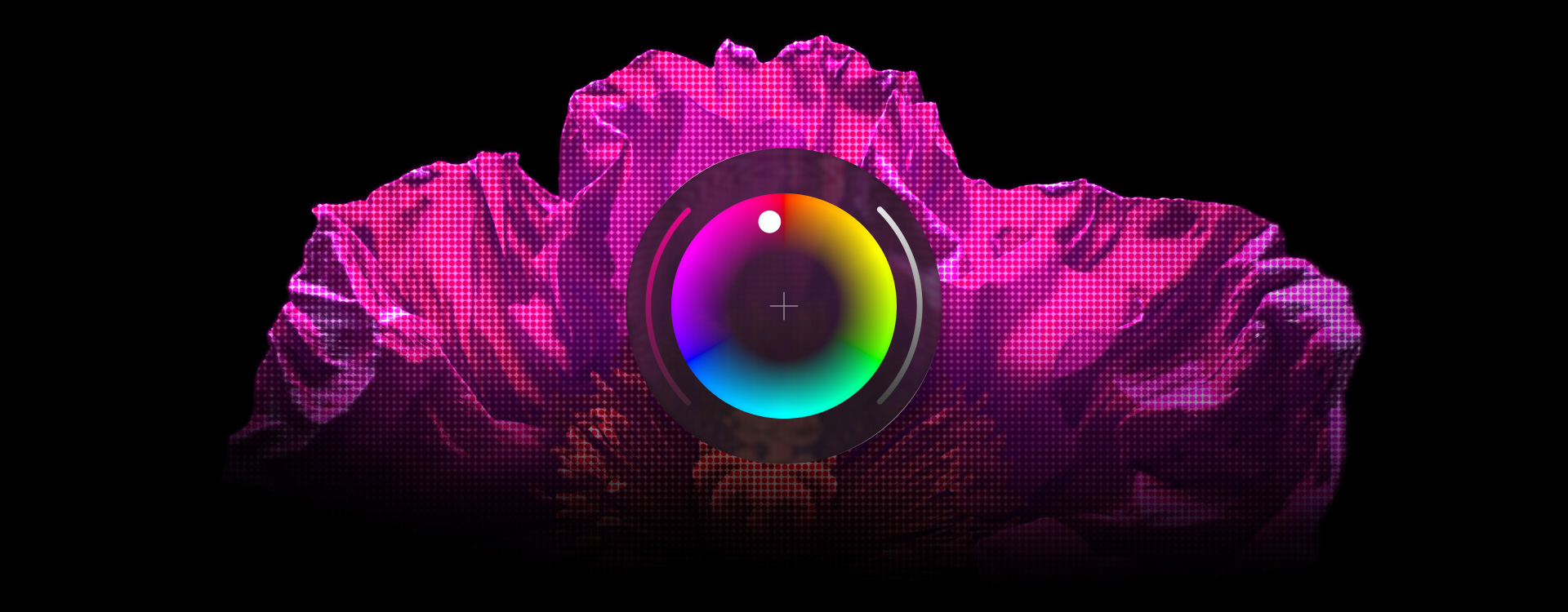 Texturiertes Objekt in Pink, Pixelmator Pro Farbauswahl-Tool in der Mitte