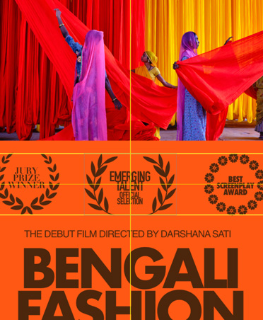 Orangefarbenes und schwarzes Filmplakat für einen bengalischen Modedokumentarfilm mit horizontalen und vertikalen Smarten Hilfslinien in der Bildmitte