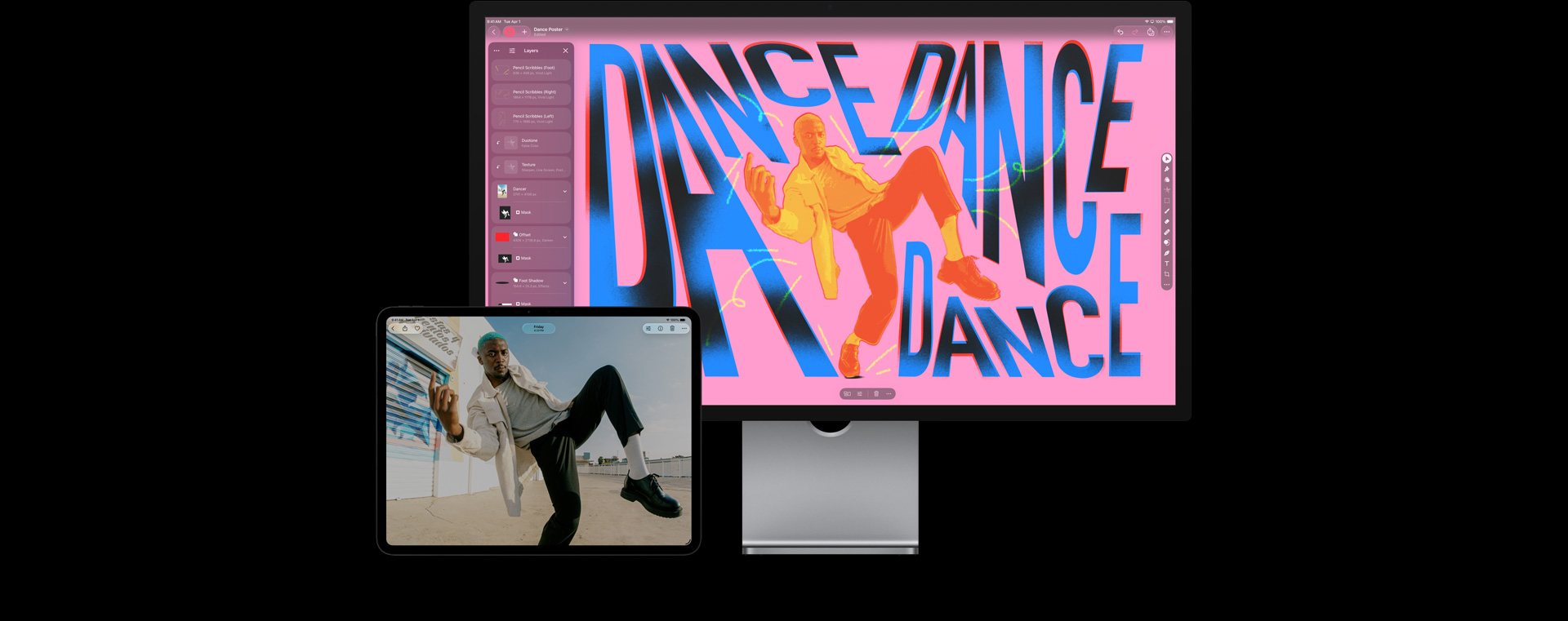 iPad Pro Display, das einen Mann mit blauen Haaren, weißer Jacke, grauem Shirt, schwarzer Hose und Schuhen zeigt, der draußen tanzt, Mac Studio Bildschirm, der einen Arbeitsbereich mit farbiger stilisierter Typografie zeigt, bearbeitetes Bild eines tanzenden Mannes, überlagert in Blau, Gelb und Rot