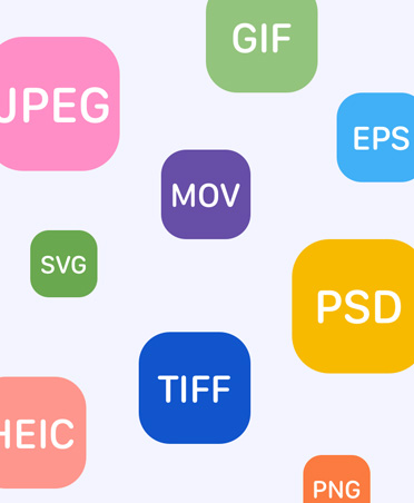 Eine Sammlung von Sprechblasen in verschiedenen Farben, in denen jeweils ein anderes Dateiformat steht, um die breite Unterstützung für verschiedene Dateiformate in Pixelmator Pro zu zeigen