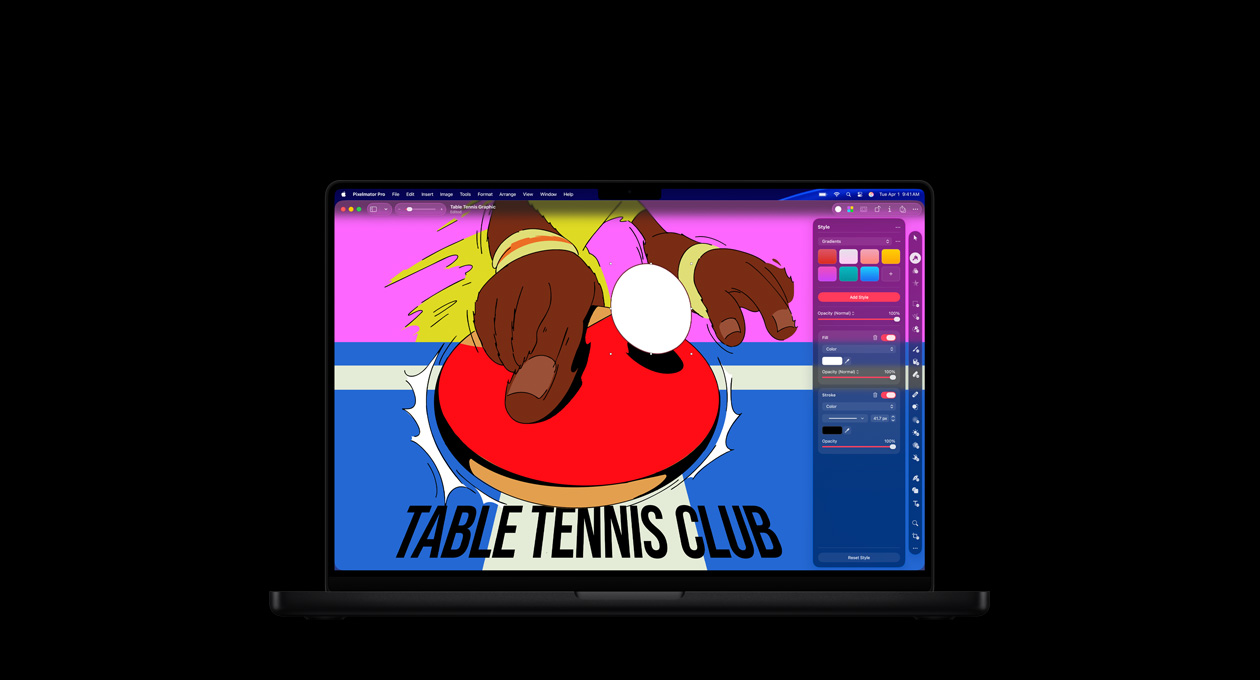 16 Zoll MacBook Pro Bildschirm, farbiges Poster eines Tischtennisvereins, Tools zum Bearbeiten von Farben