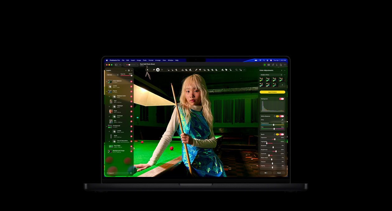 16 Zoll MacBook Pro Bildschirm, Foto einer Frau in einem Billardsalon, Tools zur Farbanpassung