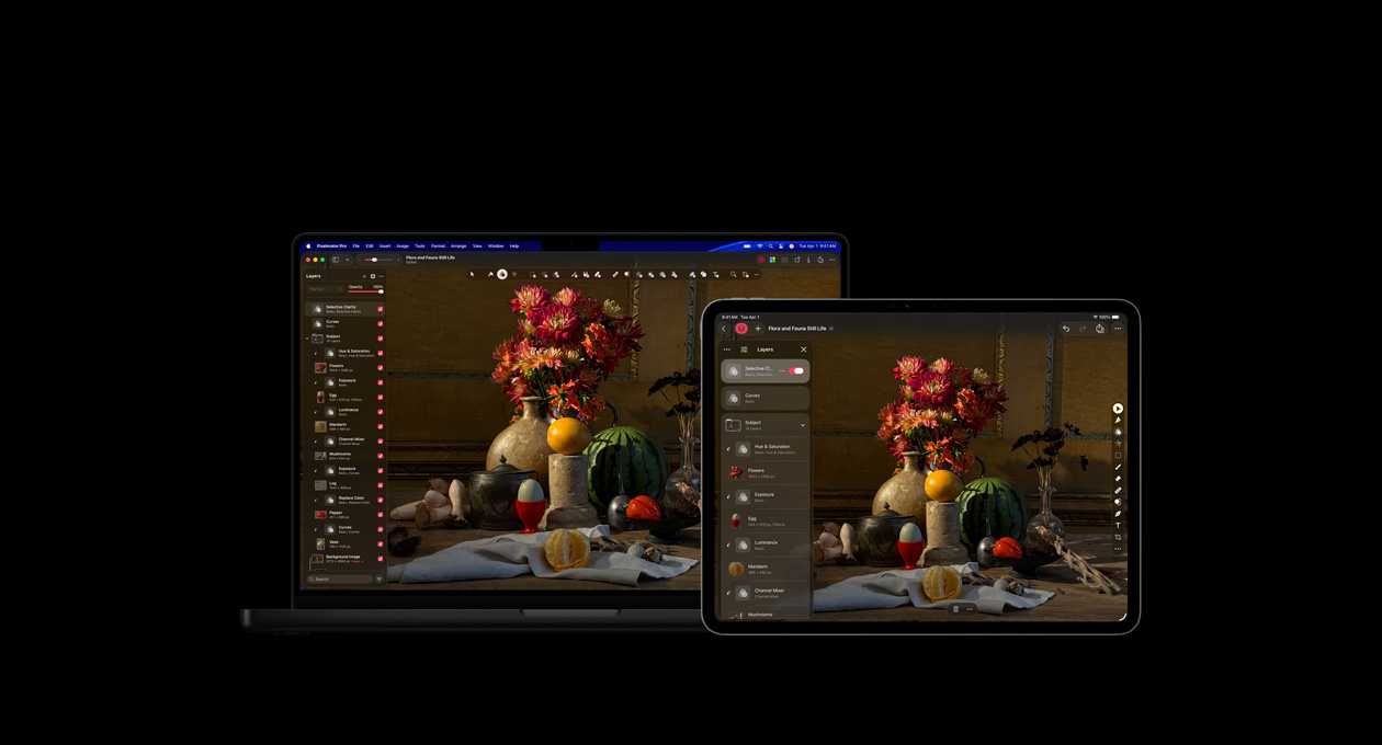 16 Zoll MacBook Pro Bildschirm und 13 Zoll iPad Pro Display, Pixelmator Pro, Stillleben mit Blumen und Lebensmitteln, Ebenen Tools auf der linken Seite