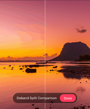 Bild von einem Sonnenuntergang am Strand, der untere Teil des Fotos zeigt das Auflösen Tool zum Entfernen von Farbstreifen