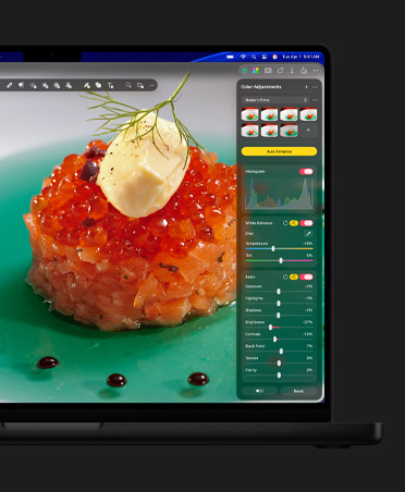 16 Zoll MacBook Pro Bildschirm, Nahaufnahme von Lachsrogen auf einem Teller, Tool für Farbanpassungen