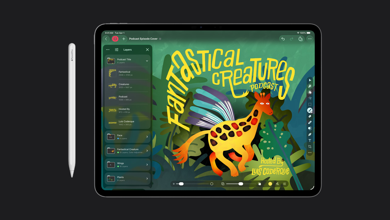 Ein Apple Pencil mit dem 13 Zoll iPad Pro zeigt eine Illustration für einen Podcast über fantastische Tiere