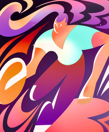 Stark stilisierte und farbenfrohe Illustration einer Frau, die Basketball spielt