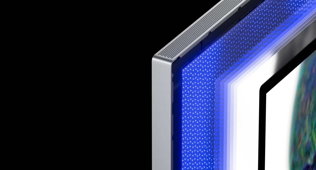 Galeri menampilkan fitur Studio Display XDR, termasuk lampu latar LED mini, kemampuan kecerahan dan kontras, Penyelarasan Adaptif, dan konektivitas