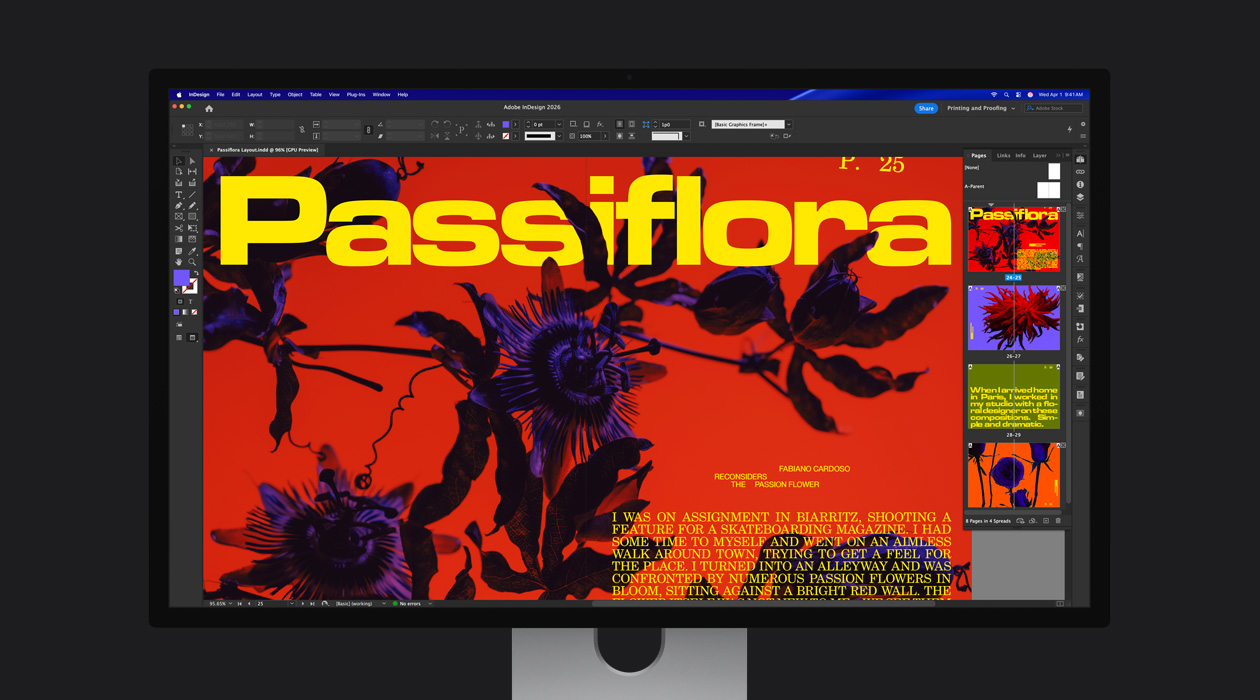 En Adobe InDesign 2026-fil med et livfullt oppslag i et magasin, viser fargerommet med P3 + Adobe RGB